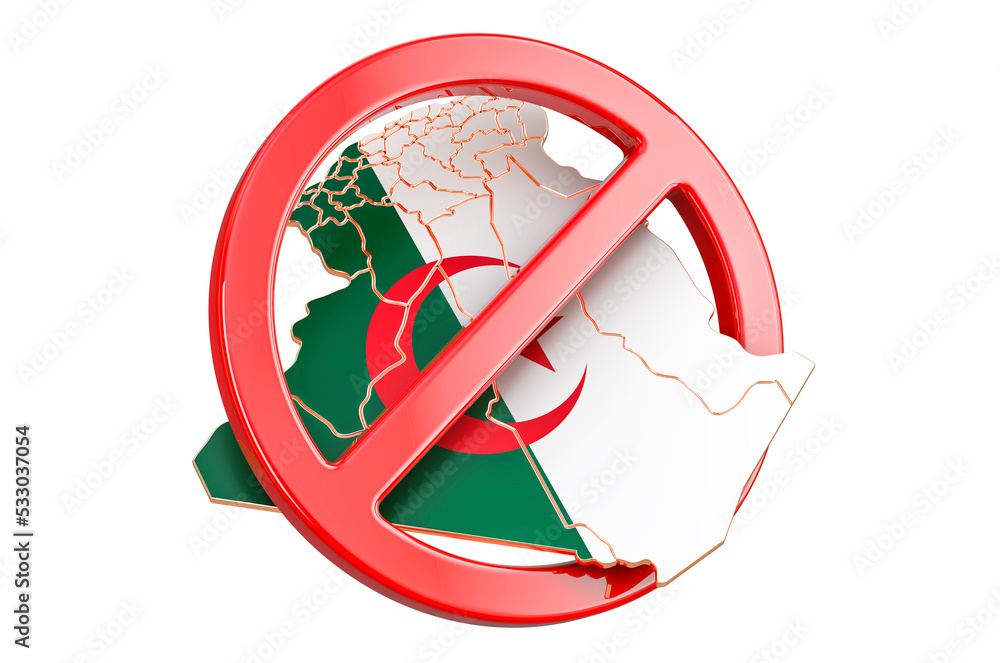 Poster algerian map with forbidden sign, 3d rendering