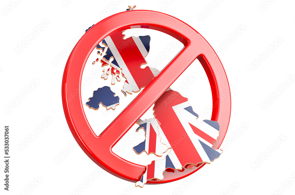 Poster british map with forbidden sign, 3d rendering