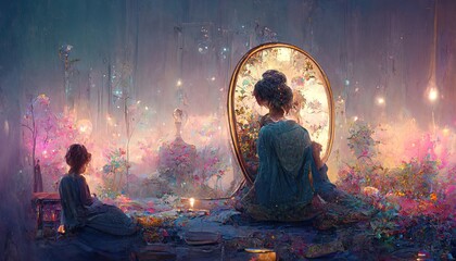 Fantasy magical mysterious mirror. 3D illustration