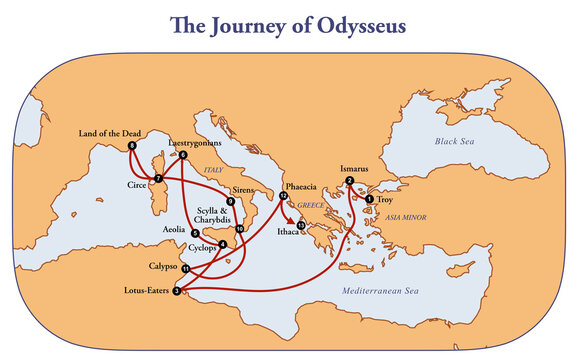 Map with the journey of Odysseus