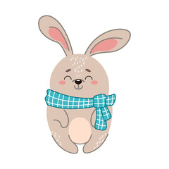Vector illustration with a cute rabbit in a warm scarf in cartoon style