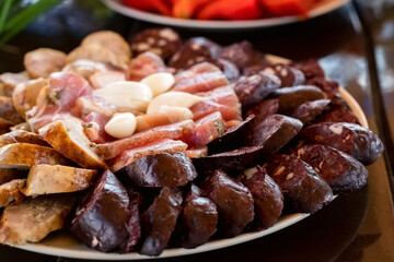 Top view piece of sausage and lard snack