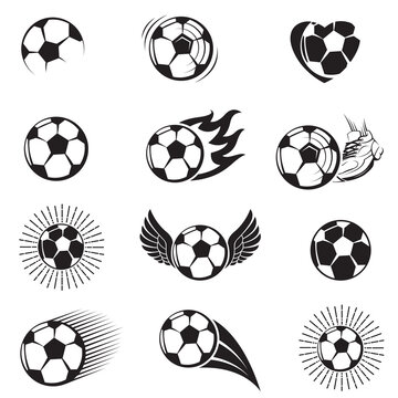monochrome collection of various football balls isolated on white background