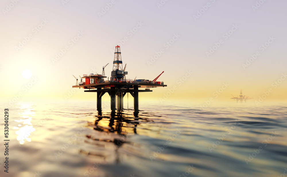 Wall mural offshore oil rig, drilling rig, jack up rig, oil platform at the sea during sunset. 3d rendering ill