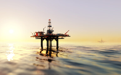 Offshore oil rig,  drilling rig, jack up rig, oil platform at the sea during sunset. 3D rendering illustration