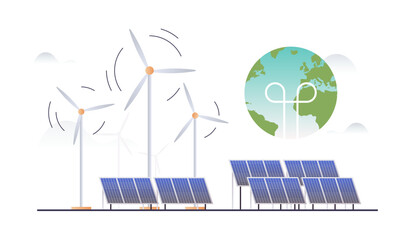 Obraz premium Sustainability and esg, green, energy, sustainable industry with windmills and solar energy panels, environmental, social, corporate governance concept flat vector illustration.