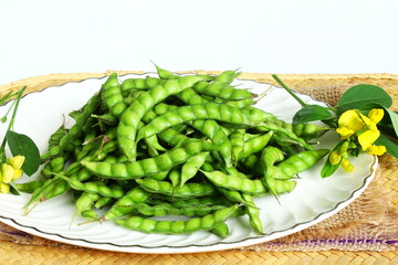 garden fresh whole green pigeon peas beans pod in dish also known in india as  tuvar, congo beans,gungo beans,top view