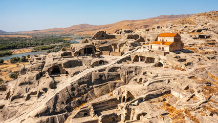Aerial view of Uplistsikhe. It is an ancient rock-hewn town in eastern Georgia
