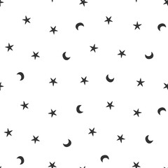 Hand drawn cute seamless simple pattern with stars and moons. Flat vector black and white minimal print design in doodle style. Repeated background, textile, wrapping or wallpaper.