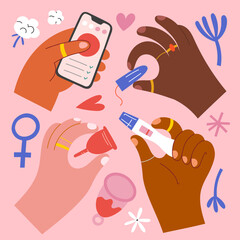 Feminine stickers, women hold menstrual cup, tampon, pregnancy test, smartphone , menstrual calendar application, app for menstruation periods, female hands, flowers, hand drawn vector illustrations