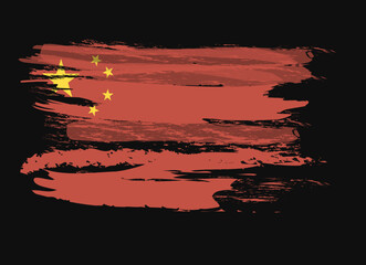  China flag Asia country red yellow star brush paint water colour hand drawn stroke and texture. Grunge vector isolated on black background
