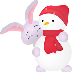 Hare in winter. Rabbit in a hat and a snowman. Symbol of 2023. Rabbit character