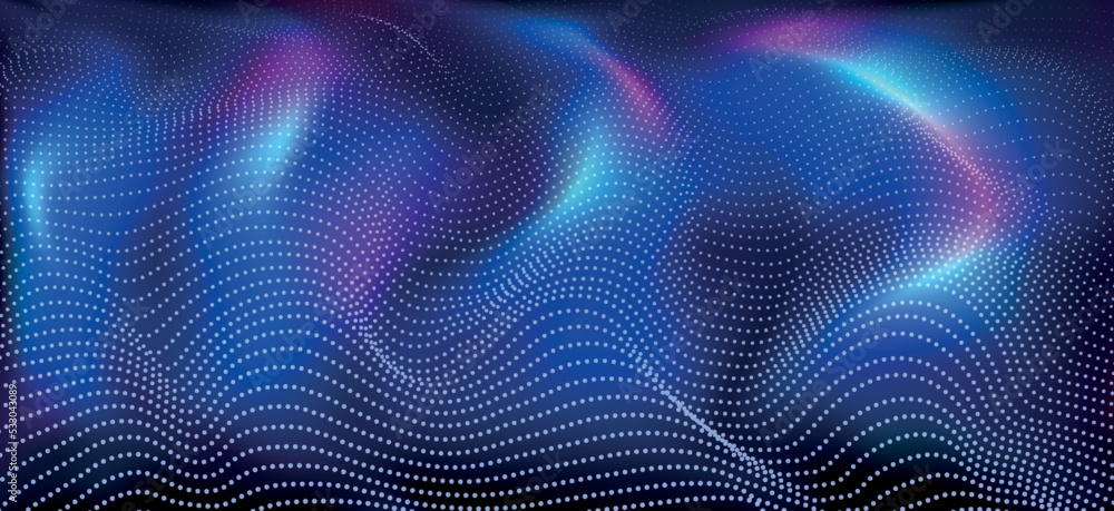 Poster abstract blue wavy background with flowing data flow particles and light effects. digital background