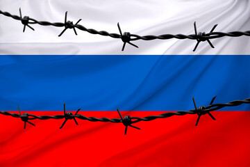 national flag of russia on textured background, rows of barbed wire, concept of war, revolution,...