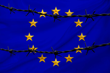 national flag of eu on textured background, rows of barbed wire, concept of war, revolution, armed uprising in country, increase in crime in state, terrorist attack, redistribution of power - obrazy, fototapety, plakaty