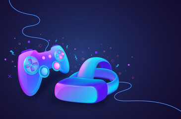 Neon game controller with virtual reality glasses to control computer and console games. Futuristic technology game concept in cartoon style. © Ramcreative