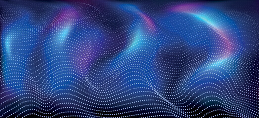 Obraz premium Abstract blue wavy background with flowing data flow particles and light effects. Digital background with moving dots, big data visualization.
