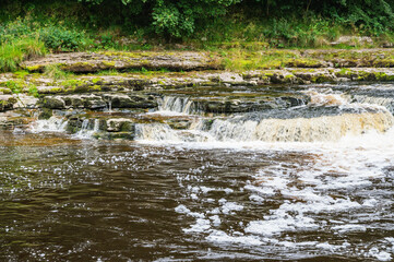 Fototapeta premium Aysgarth Falls are a three levels one mile stretch waterfalls in Yorkshire Dales National Park, River Ure, Northern England. Long exposure effect photo, selective focus