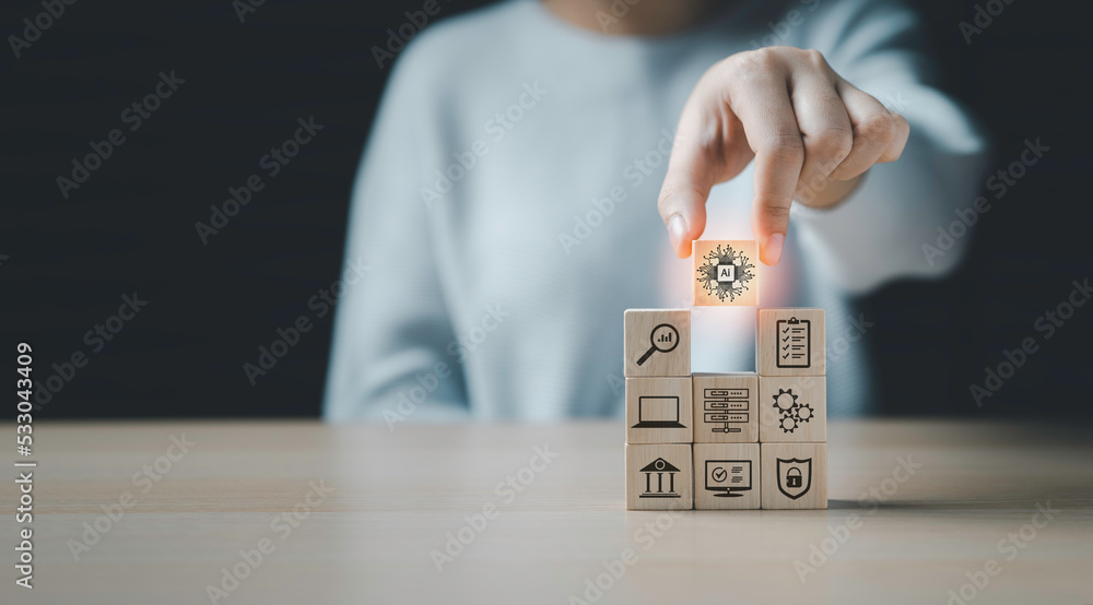 Poster ai, the concept of artificial intelligence use analytics, automation, and an autonomous brain. busin