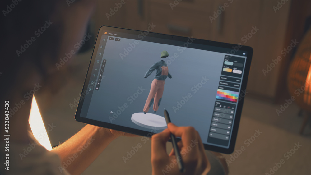 Poster male 3d designer creating design of clothes in 3d modeling application using tablet computer and dig