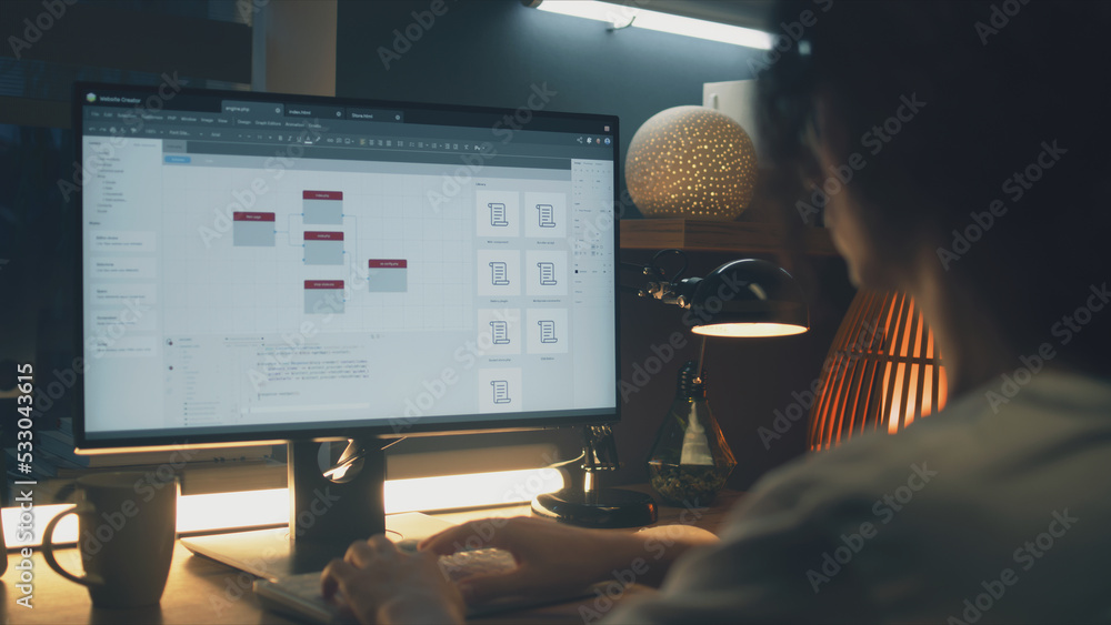 Poster Male web designer using personal computer for creating website in professional constructor while working on project remotely at home. Freelance