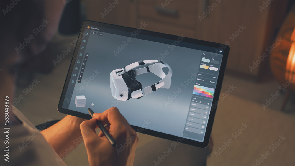 Poster young male 3d designer drawing and creating 3d prototype of vr headset in professional design applic