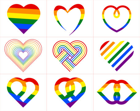 Vektor Herzen-Set aus Regenbogenfarben auf wei&szlig;em Hintergrund.  Herzsymbole LGBT-Bewegung (Lesbian, Gay, Bisexual and Transgender).