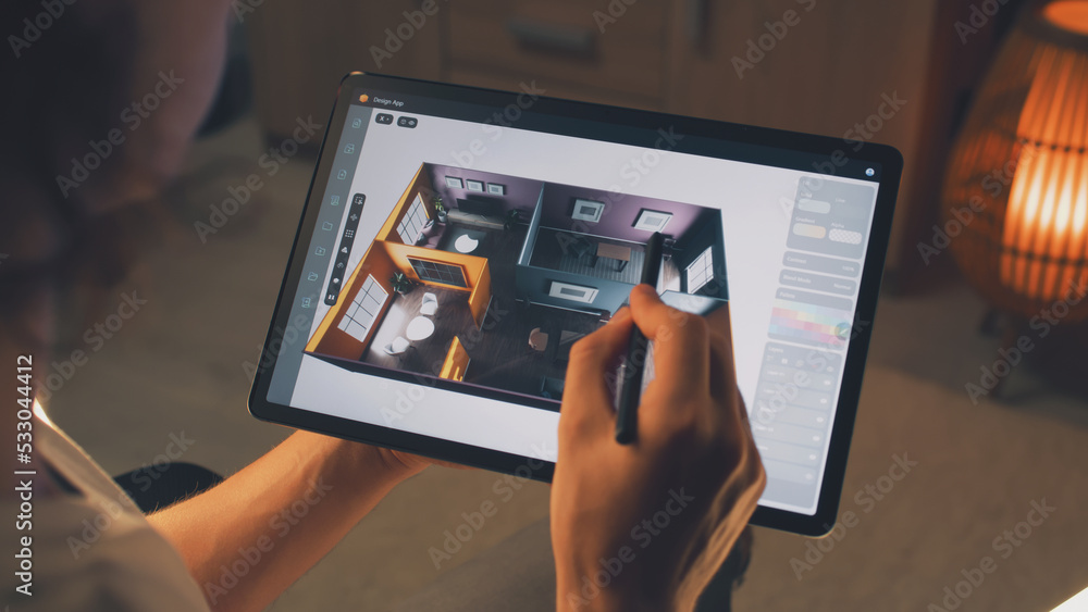 Poster male 3d designer using digital tablet computer and pencil and creating interior of house in professi