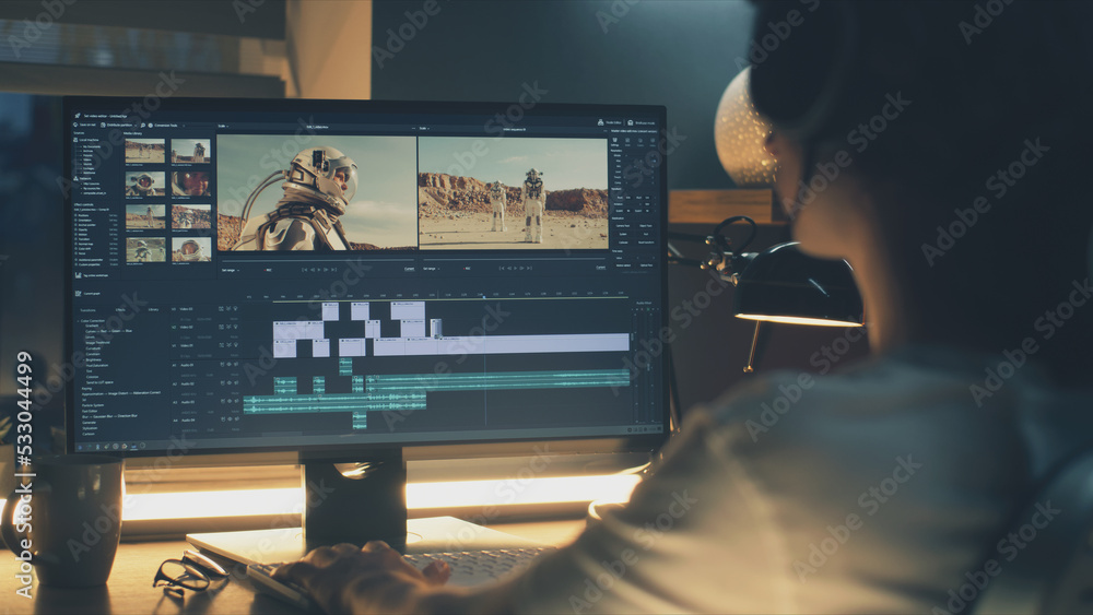 Poster guy in headphones editing video with astronauts for space blog in professional program while working