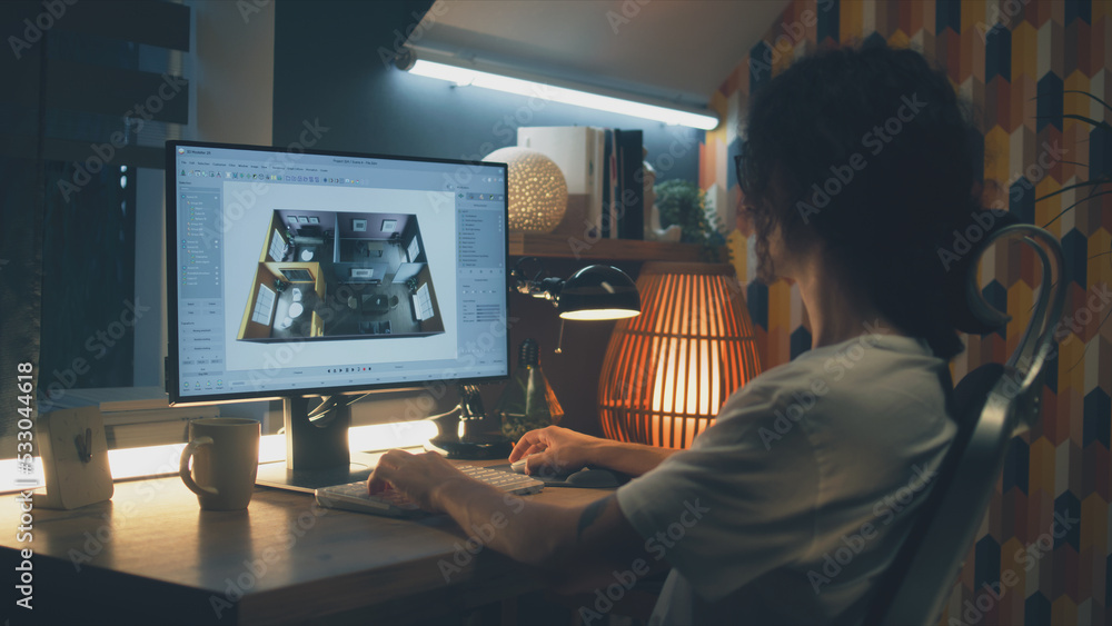 Aufkleber male young designer making 3d visualization of house interior in professional program using pc while