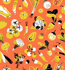 Vegetables seamless pattern on orange background. Flat colorful background for farmers market, vegan menu. Cute veggies in fresh summer autumn print design for kitchen textile