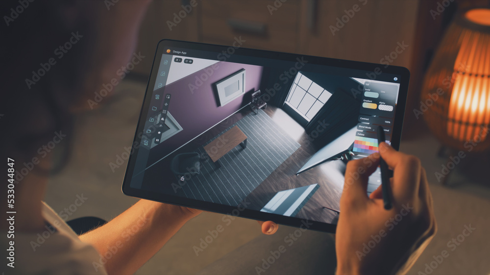 Poster male 3d designer using digital tablet computer and pencil and creating interior of house in professi