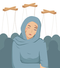 Rally and protest in iran 2022. Women's freedom in Iran. Vector isolated illustration. Girl in a blue hijab in front of a crowd of people