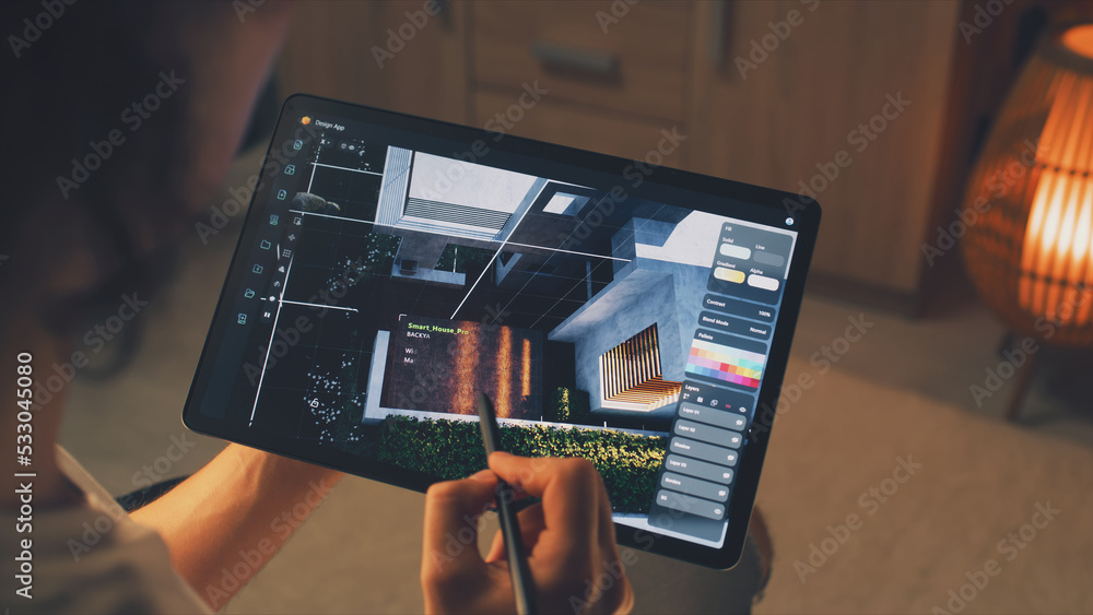Poster male 3d designer having remote freelance project and working on smart house exterior in 3d modeling 