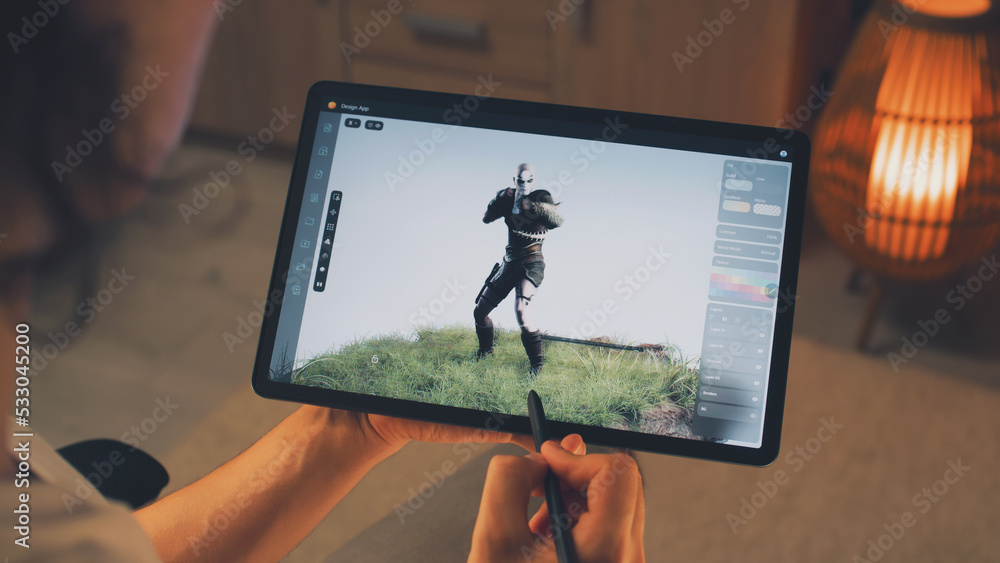 Poster male 3d designer creating 3d animation of video game character in design application on modern digit