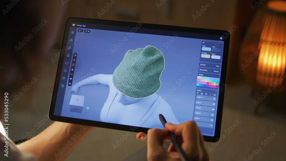 Poster young male 3d designer working remotely on 3d visualization of clothes in design app using digital t
