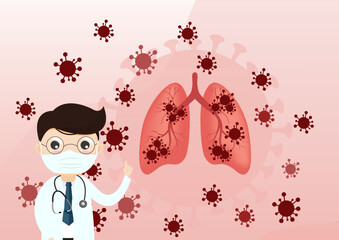 Coronavirus COVID-19. Doctor talks about virus. Infected lungs. Doctor and vaccine and virus.