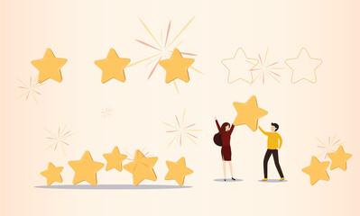Customer review rating. Man and woman customer giving star rating, Customer Review.Positive online feedback.