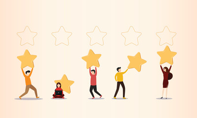 Customer review rating. Man and woman customer giving star rating, Customer Review.Positive online feedback.