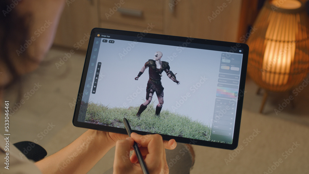 Poster male 3d designer creating 3d animation of video game character in design application on modern digit