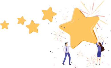 Customer review rating. Man and woman customer giving star rating, Customer Review.Positive online feedback.