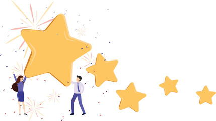 Customer review rating. Man and woman customer giving star rating, Customer Review.Positive online feedback.