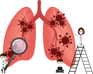 Coronavirus COVID-19. Doctor talks about virus. Infected lungs. Doctor and vaccine and virus.