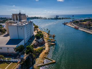 Beautiful aerial view of the City of San Domingo, its buildings and Caribbean ocean, in Dominican...