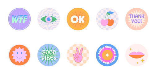 Bundle of insta highlights covers in 90s style.Fun cute patches and stickers.Modern IG icons or symbols in y2k aesthetic with text.Trendy groovy designs for social media marketing.