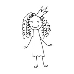 Little cute princess Cartoon drawing conceptual illustration  Child's drawing Freehand black lines Vector doodle illustration