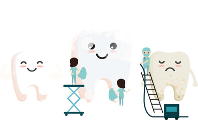 Group of small dentists are caring for a large tooth. Children dentistry. Oral hygiene, teeth cleaning.