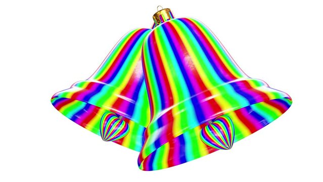 Realistic looping 3D animation of the beautiful rainbow striped Christmas Love swinging bells rendered in UHD with alpha matte