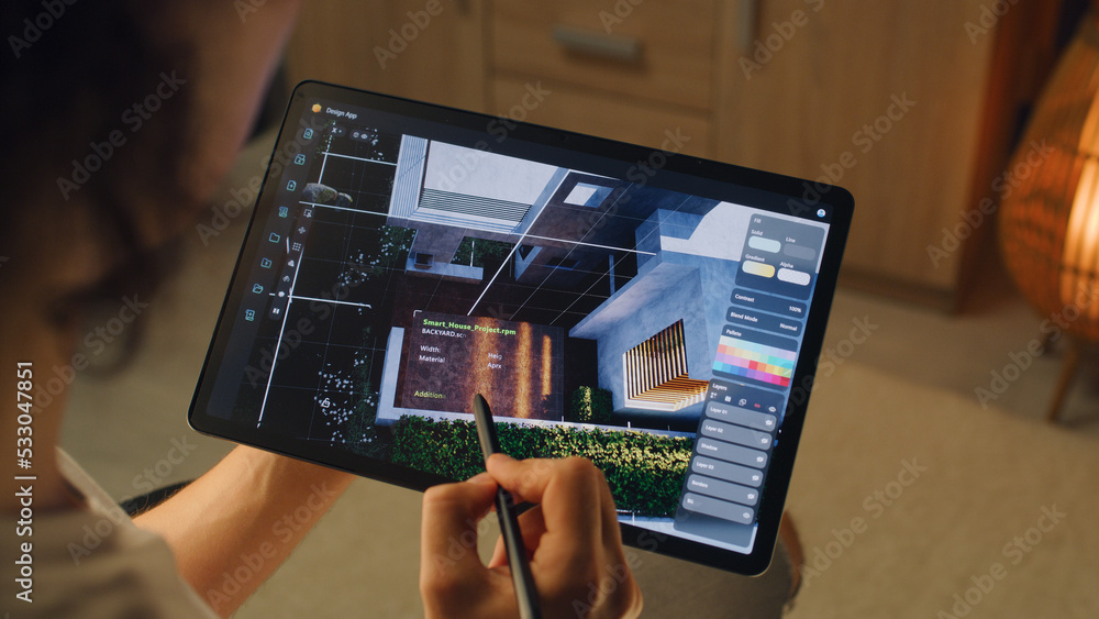 Poster male 3d designer having remote freelance project and working on smart house exterior in 3d modeling 
