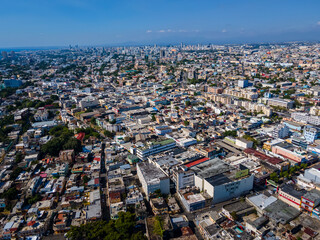 Beautiful aerial view of the City of San Domingo, its buildings and Caribbean ocean, in Dominican...